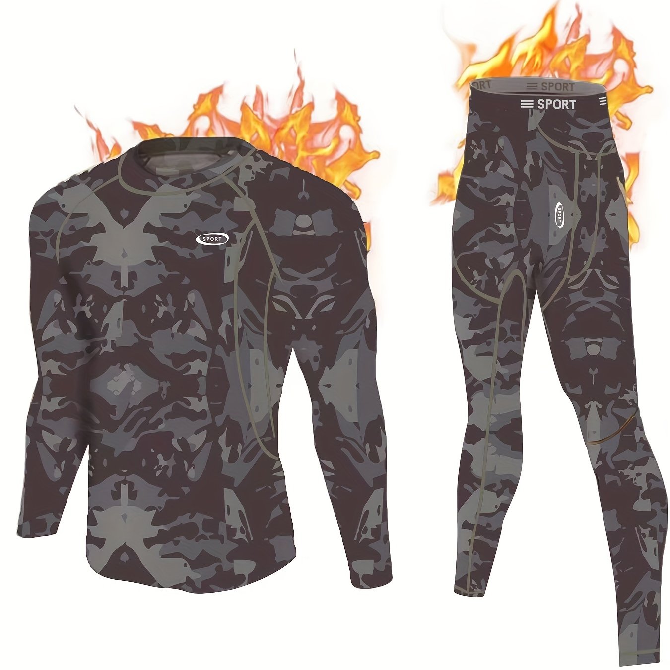Camouflage Print Thermal Underwear For Men, Long Johns Set With Fleece, Winter Hunting Outdoor Running Cycling Ski Equipment Sports Yoga Fitness Base Layer Sport Top & Bottom