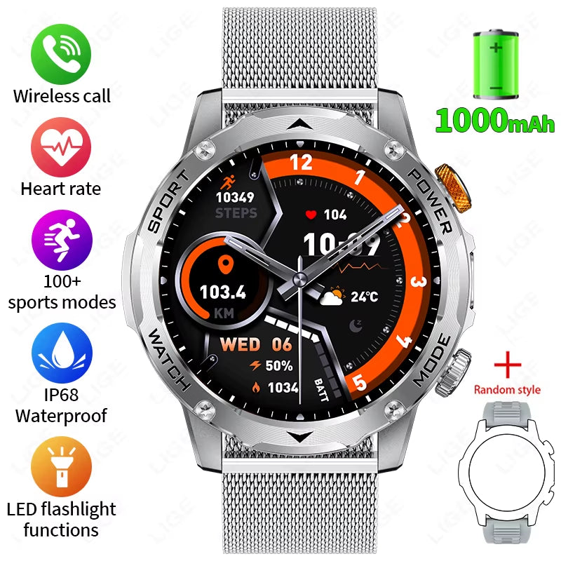 Military Smart Watch Men 1000Mah Battery Outdoors LED Flashlight Waterproof Heart Rate Sport BT Call 1.7" AMOLED Smartwatch