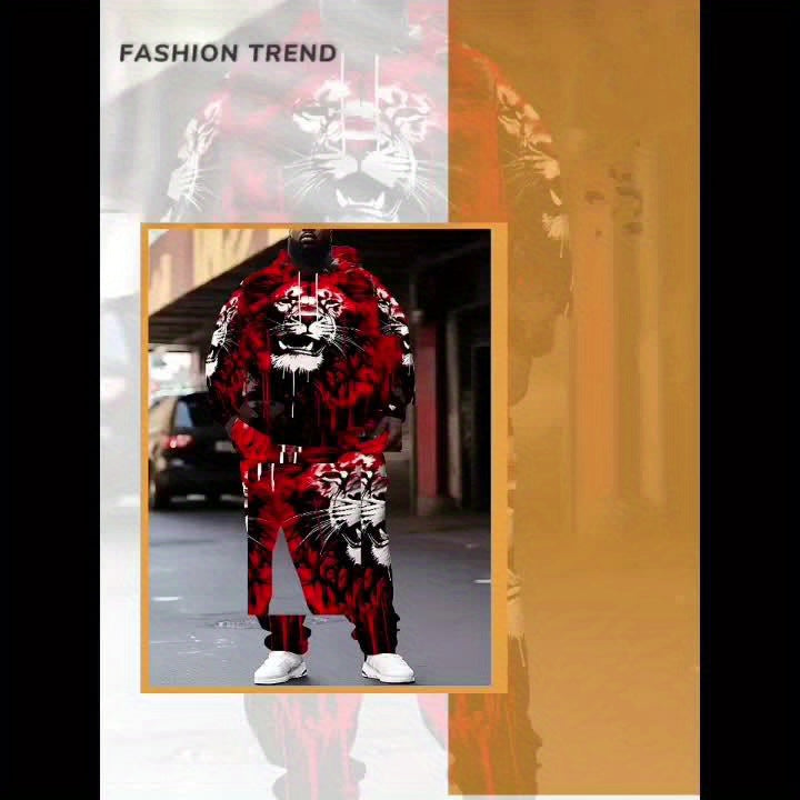 Plus Size Men's Fashion 3D Lion Print 2pcs Sportswear Set Fashion Long Sleeve Hoodie and Sport Trousers Suitable for Spring and Autumn Outdoor, PLUS SIZE Beauty World Shop