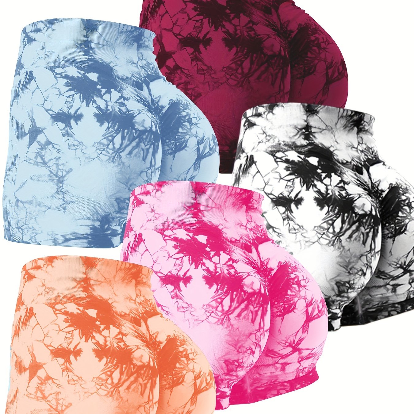 5-Pack Tie-Dye Fitness Shorts for Women, High Waist Scrunch Butt Gym Yoga Peach Booty Shorts, Sport Style Beauty World Shop