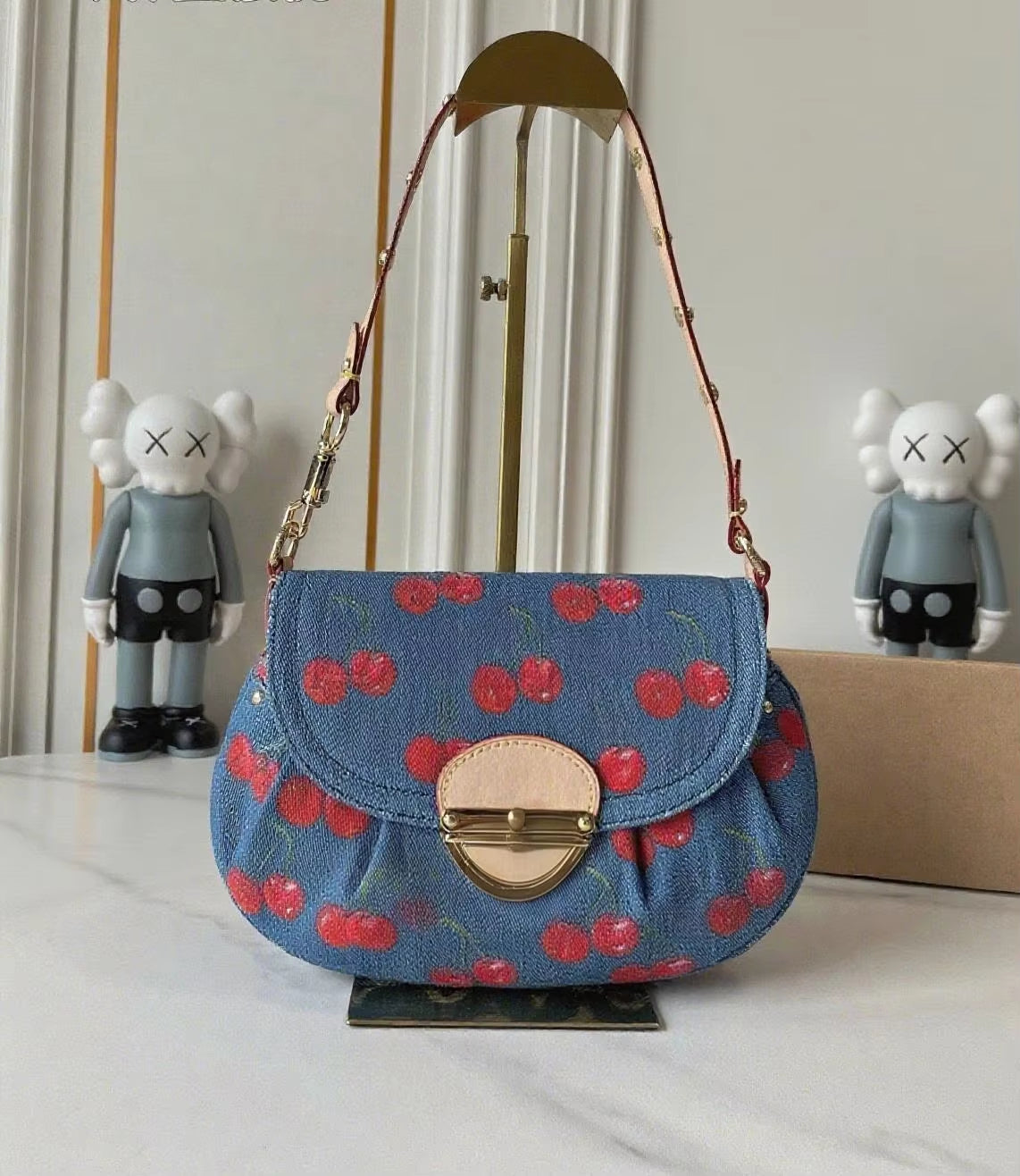 Women'S Fashion 2025 Versatile Cherry Print Denim Blue Canvas Shoulder Bag