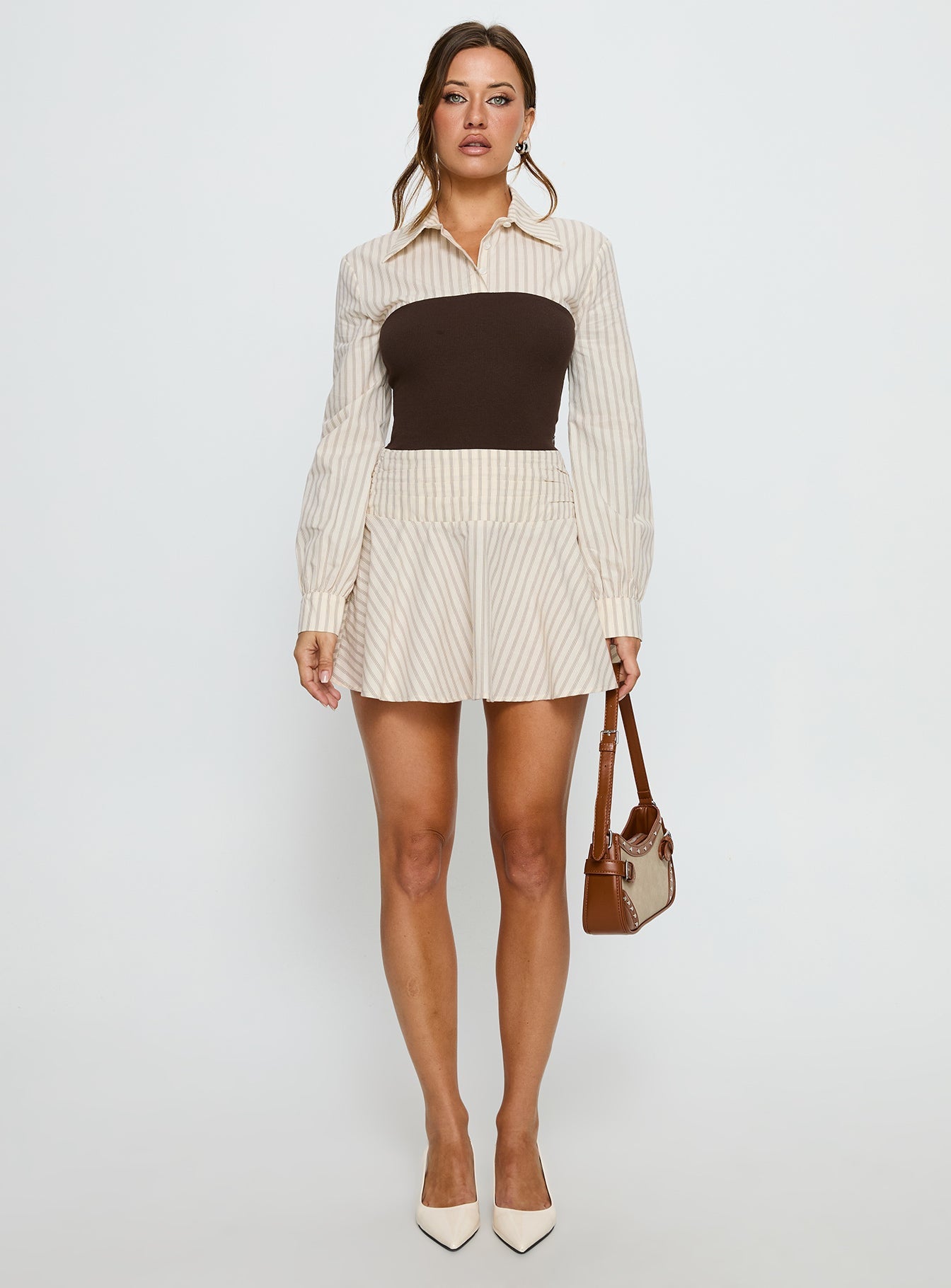 Belva Long Sleeve Corset Shirt Mini Dress Brown Stripe Princess Polly