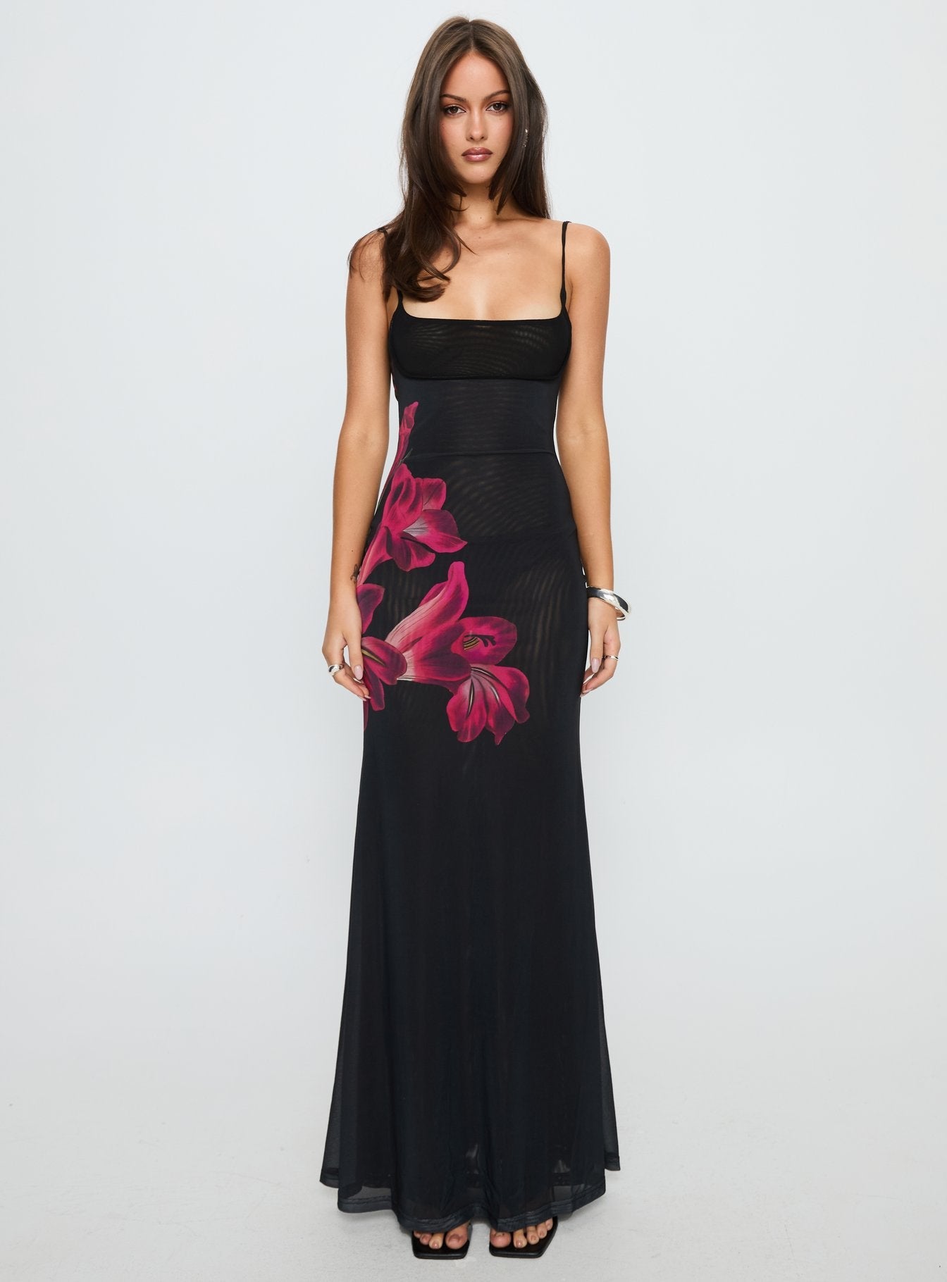 Fiadora Mesh Maxi Dress Black Floral Princess Polly