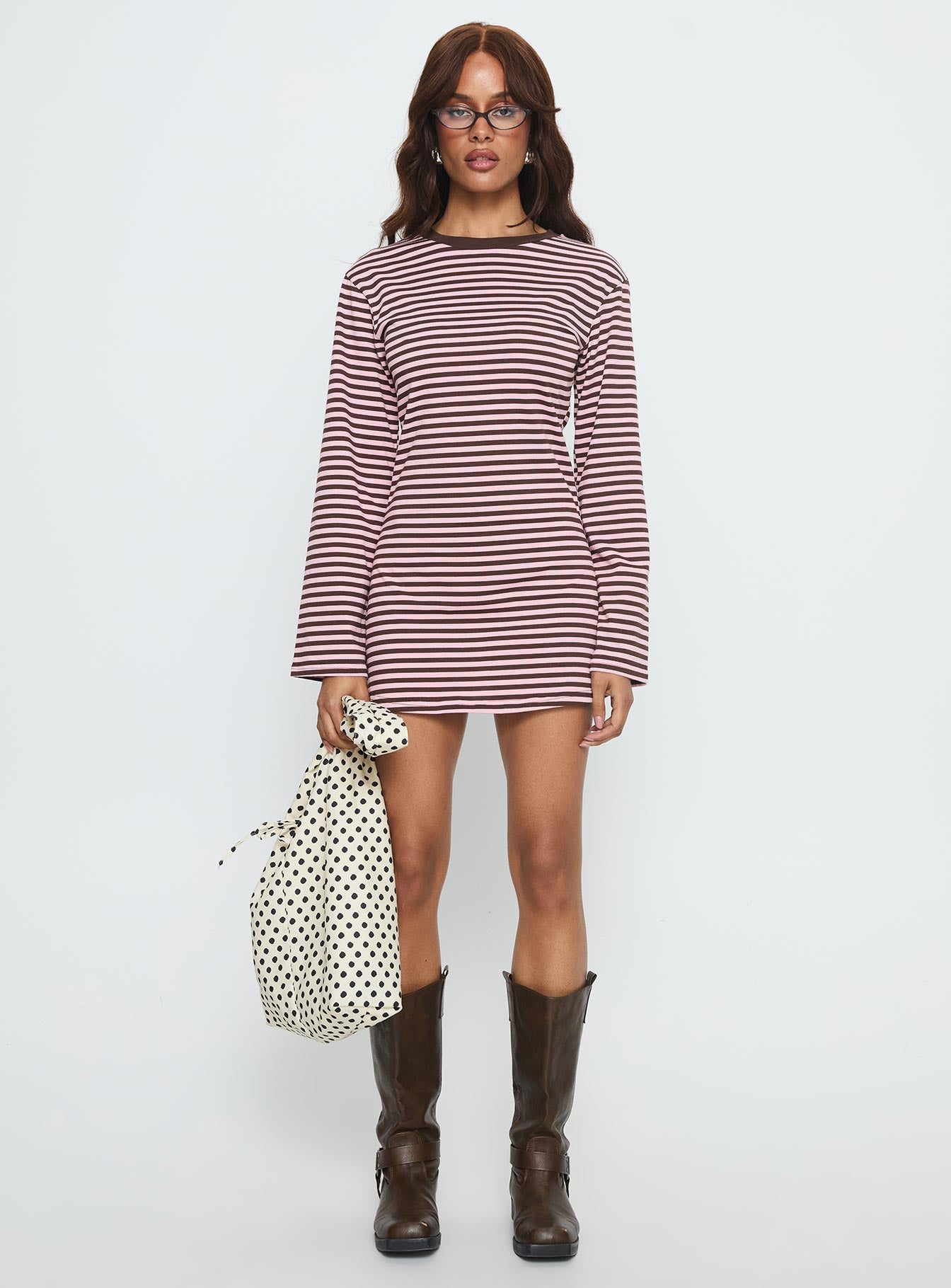 Lulolah Long Sleeve Mini Dress Chocolate / Pink Stripe Princess Polly