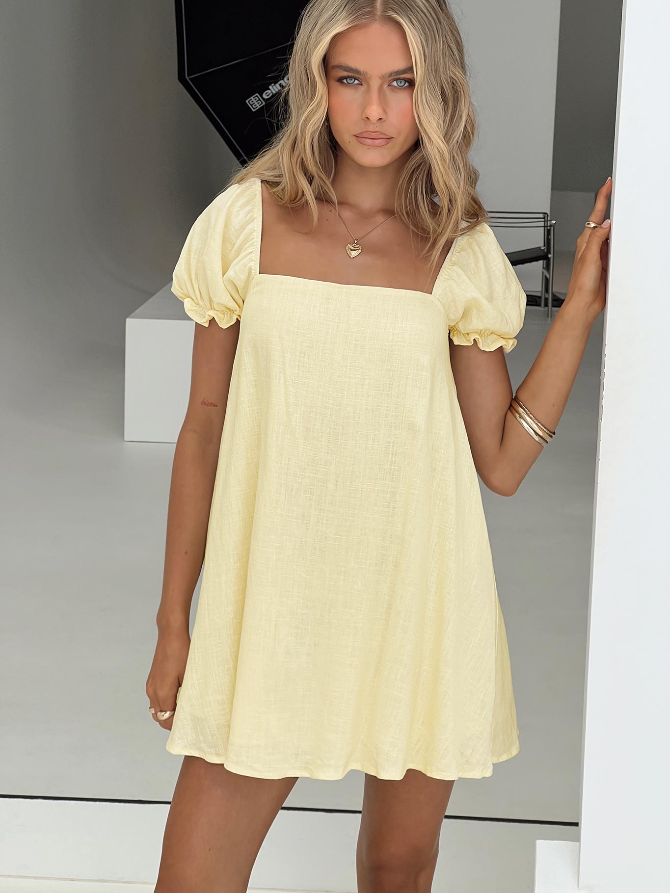 Beyond Linen Blend Mini Dress Yellow Princess Polly