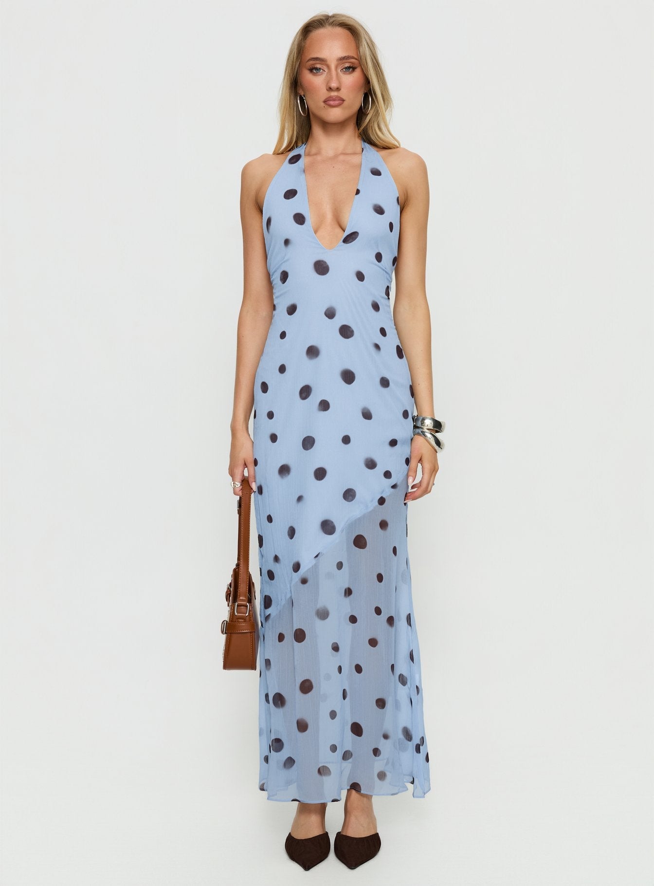 Oralee Halter Sheer Maxi Dress Blue / Polka Dot Princess Polly