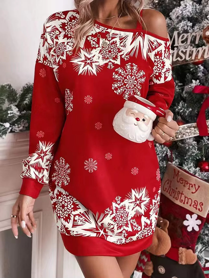 New Christmas Snowflake Print off Shoulder Dress Women Fashion Winter Long Sleeve Loose Party Mini Dresses for Women 2025