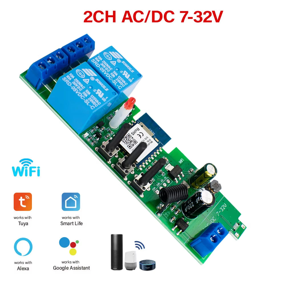 Alexa Smart Switch Tuya Smart Home 2 Channels Wifi Switch 220V 7-32V 85-250V 10A RF433 Remote 2CH Pulse Module Relay