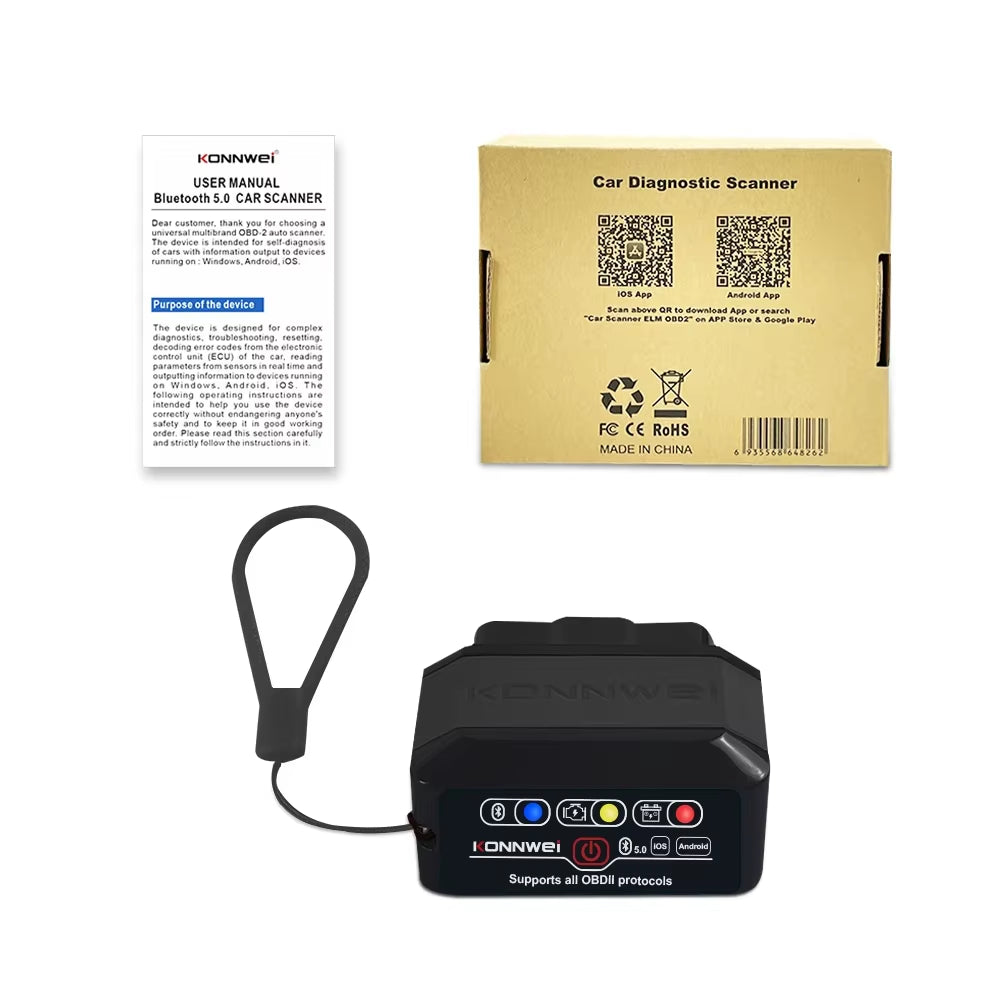 KW905 ELM327 OBD2 Scanner Bluetooth 5.0 Engine Fault Scanner Tool OBDII Code Reader Diagnostic Tool for Android/Ios