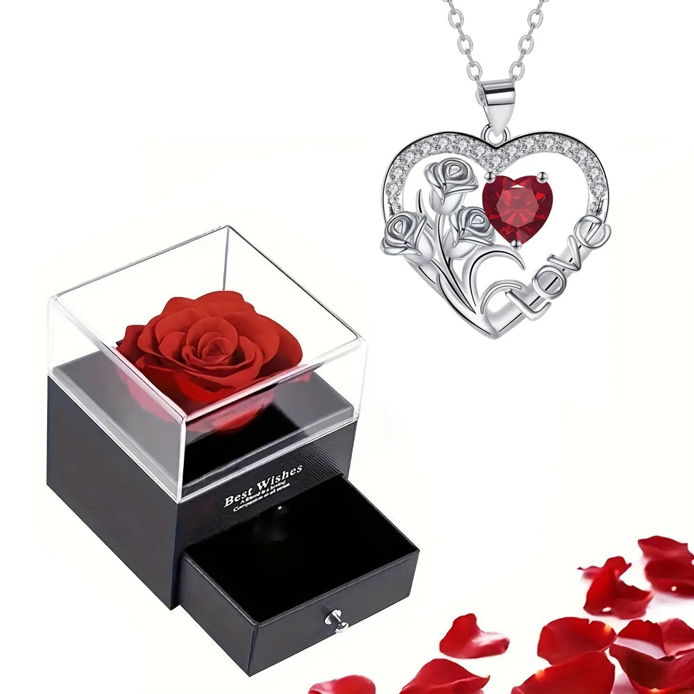Luxury Red Zircon Pendant Necklaces With Rose Flower Gift Box For Girlfriend Women I Love You Gifts 2024 Trendy Wedding Jewelry Beauty World Shop