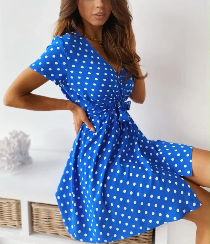 Summer Women's Polka Dot Printed Short Sleeved Casual Dress Fashionable V-neck Belt Commuting Dress Holiday Party Women's Dress Beauty World Shop