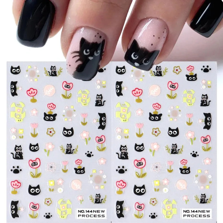 2pcs Black Cat Nail Stickers 3D Cute Cartoon Animal 3D Self-Adhesive Nail Art Decals Sliders Decorations Manicure Accessories Beauty World Shop