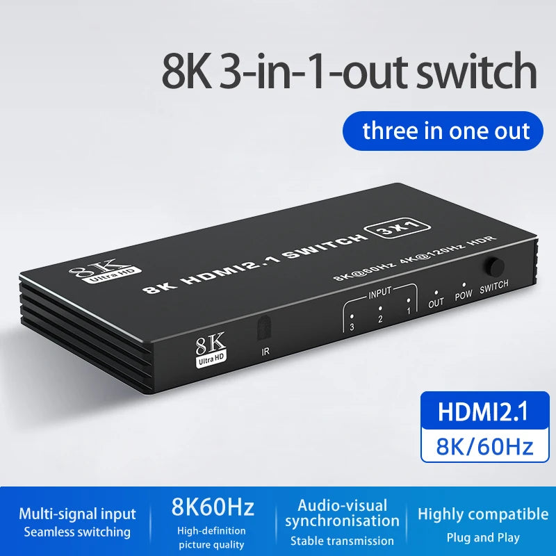 HDMI 2.1 Switch Splitter 120Hz 5/4/3-Port HDMI 8K@60Hz Splitter Switcher CEC 48Gbps with remote HDMI HDR IR Remote 4K@120Hz 2K Beauty World Shop