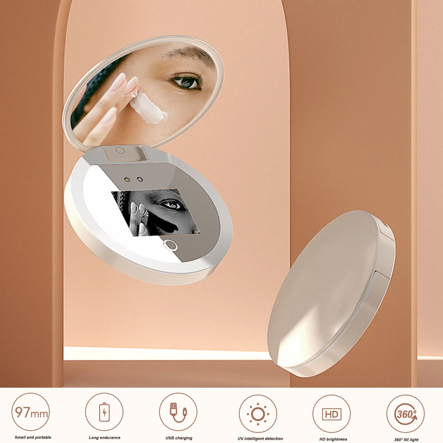 UV Mirror Sunscreen Testing Camera with Light 2X Magnification Travel Makeup 3.5in Pocket Size L Beauty World Shop
