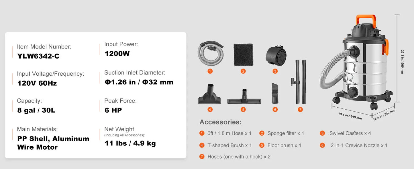 SucceBuy Stainless Steel Wet Dry Shop Vacuum Wet Dry Vac Powerful Suction Small Shop Vac Perfect for Carpet Debris Pet Hair