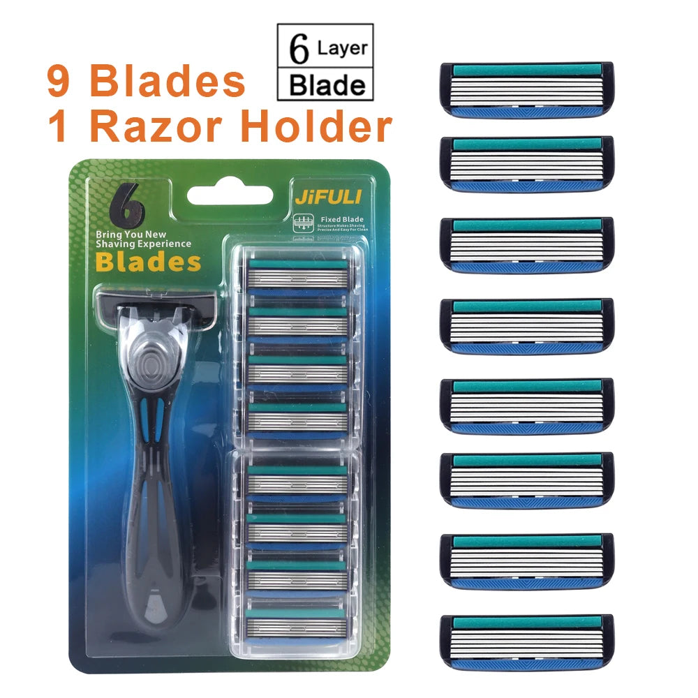 1 Handle + 12 / 17 Blades/ Men Women Manual Safety razor 6-Layer Stainless Steel Hair Removal Shaving Replaceable Shaver Head Beauty World Shop