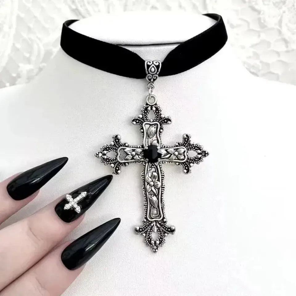 A Classic Gothic Large Cross Shaped Black Velvet Necklace Prepared for Her, Gorgeous Cross Shaped Black Velvet Necklace Beauty Trend Shop