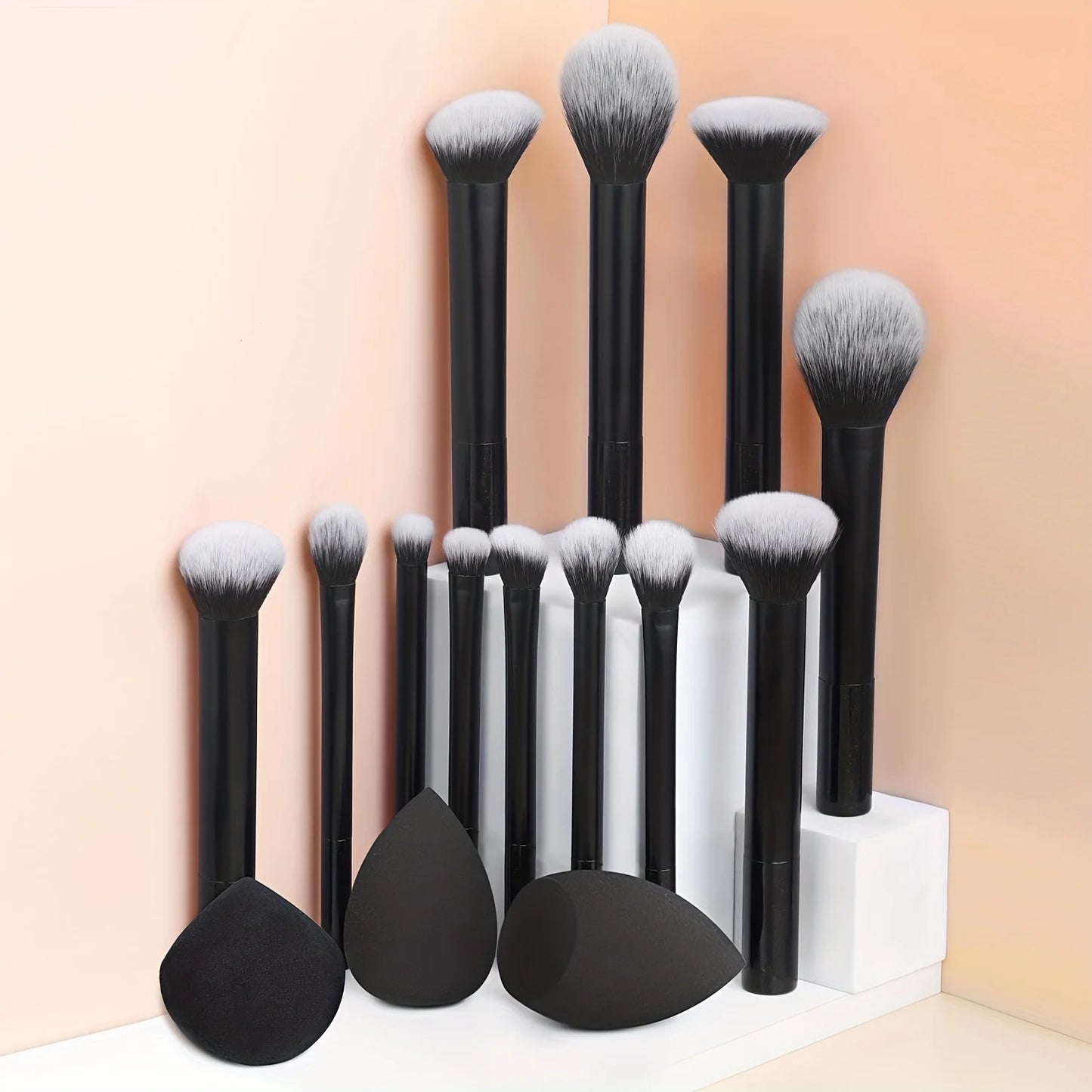 12-Piece Classic Full Makeup Brush Set with Angled and Teardrop Blenders, 1 Powder Puff - Professional Application Tools, Nylon Beauty World Shop