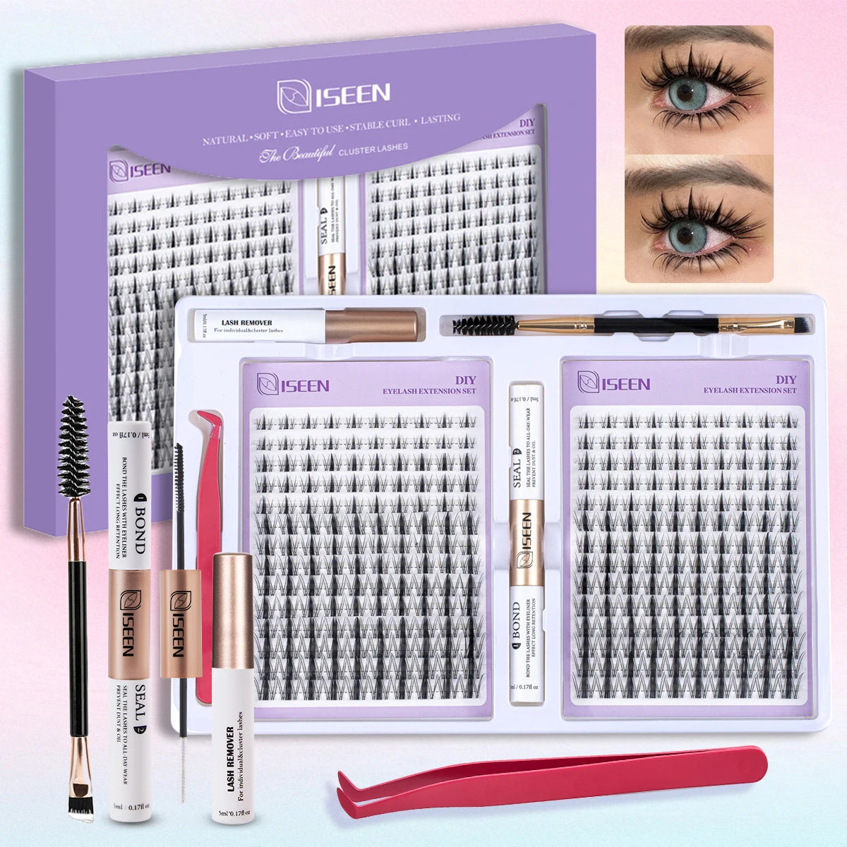 ISEEN DIY Eyelash Extension Kit Cluster Mix Eyelashes Full Set Lashes Kit with Lash Bond & Seal and Eyelash Tweezers and Brush Beauty World Shop