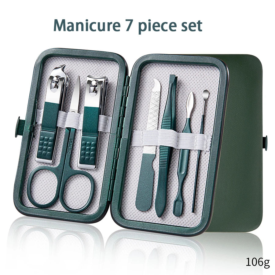 Green Manicure Set With Leather Case Professional Foot And Face Care Tool Kits Stainless Steel Nail Clipper Sets Gift Beauty Fashion