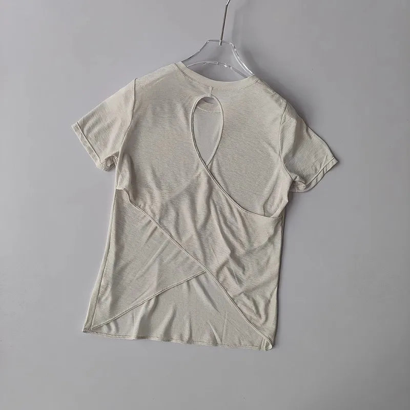 Women's Tight Sports T-shirt Quick Dry Short Sleeve Yoga T-shirt Pilates Fitting Fitness Back Hollow Out Running T-shirt Beauty World Shop