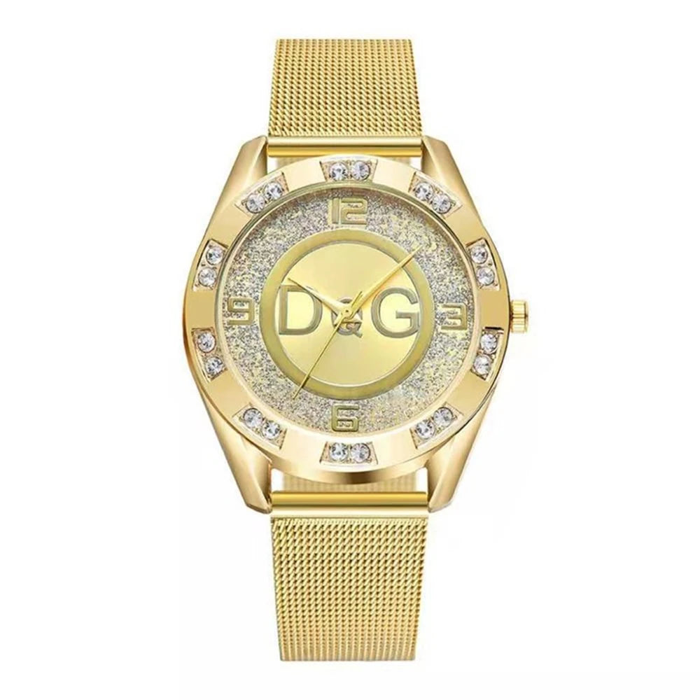 Fashion DQG Brand Starry Sky Diamond encrusted Women's Quartz Watch Casual Stainless Steel Gold Mesh Strap Women's Dress Watches Beauty World Shop