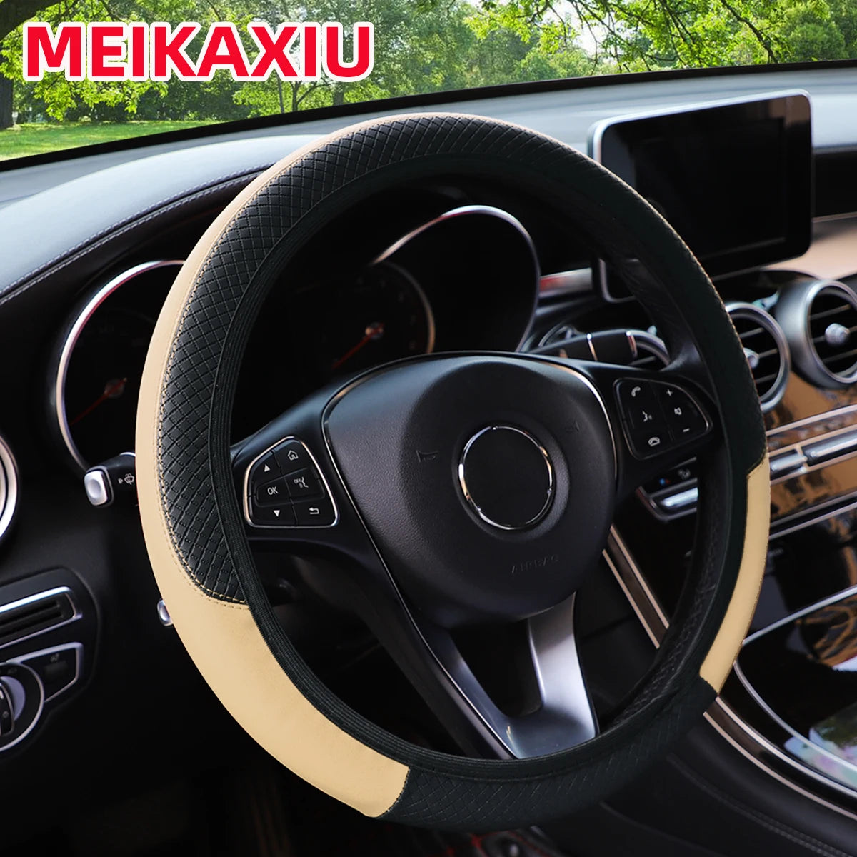 PU leather checkered embossed multi-color car rimless steering wheel cover suitable for 14.5 - 15 inch car interior accessories Beauty World Shop
