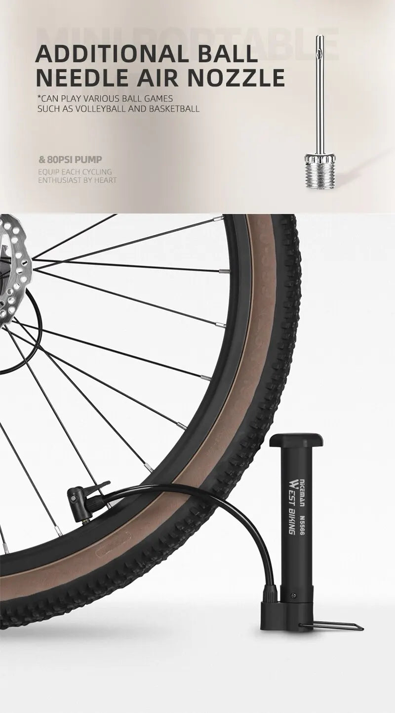 WEST BIKING 80 PSI MTB Bicycle Pump Bike Manual Air Pump Balloon Tire Inflator Schrader Valve Floor Pump Cycling Accesories