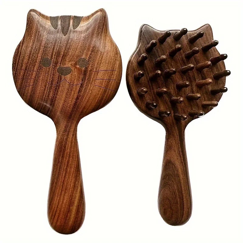 Charming Kitten Shape Solid Wood Massage Comb - Women's Air Cushion Scalp & Meridian Relief Beauty World Shop