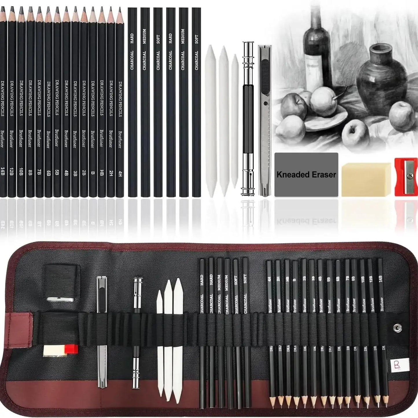 29Pcs Drawing Kit Sketching Pencils Set,Portable Pen Curtain-Charcoal Pencils, Sketch Pencils, Charcoal Stick,Sharpener,Eraser Beauty World Shop
