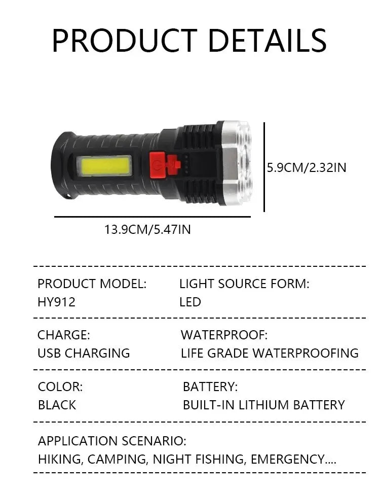 5LED High Power Led Flashlights Rechargeable Camping Spotlight with Side Light 3 Lighting Modes for Camping Adventure Outdoor Beauty World Shop