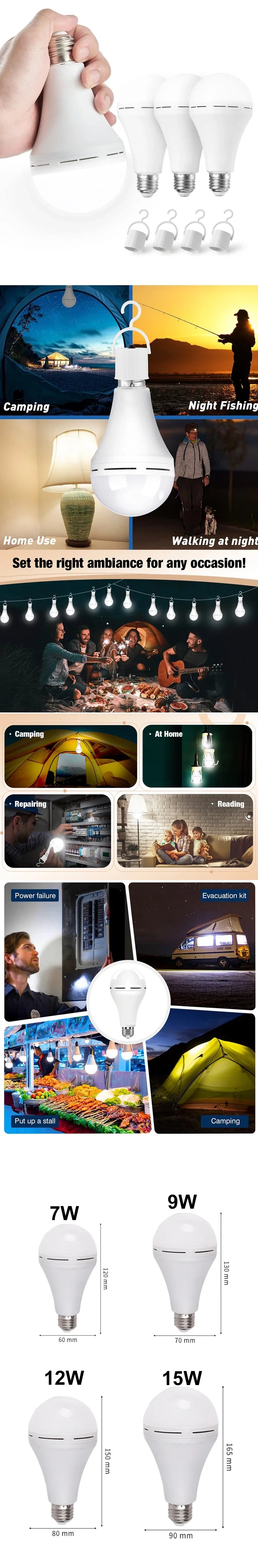 LED Rechargeable Light Bulb 7w 9w 12w 15w 85-265V Emergency Bulb Portable Hanging Camping Lamp for Tent Home Power Failure Porch Beauty World Shop