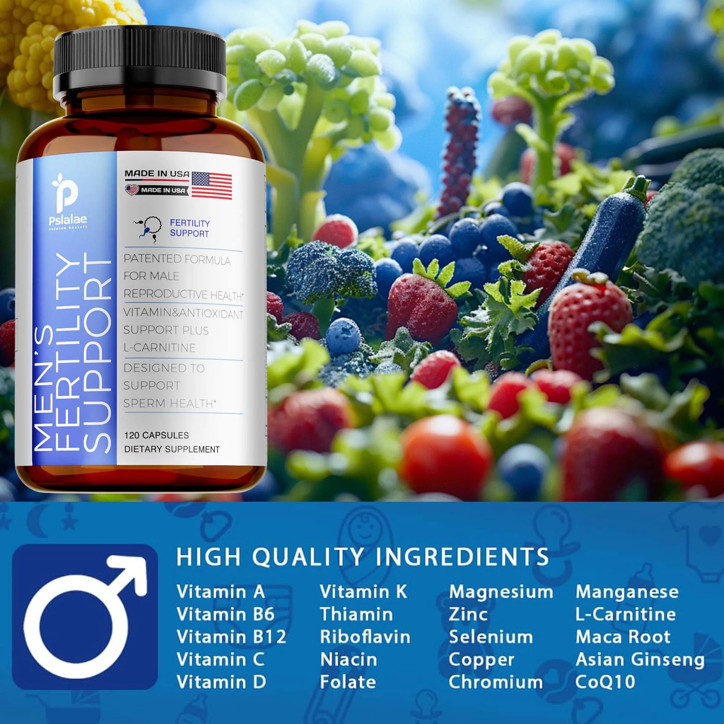 Men's Fertility Support, Ginseng, Multivitamins, Multiminerals, L-Carnitine, Maca, Niacin, Chromium - 120 Capsules Beauty World Shop