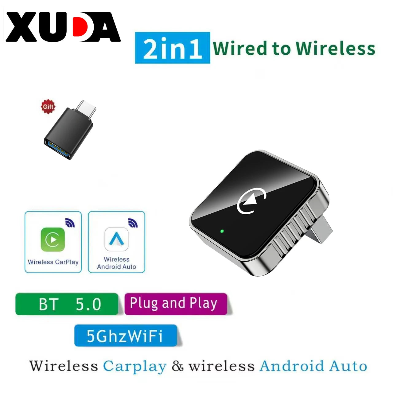 XUDA 2 in1 Wired to Wireless CarPlay Android Auto Adapter for OEM Car Stereo With USB Dongle Smart Mini Box Plug and Play Blueto Beauty World Shop