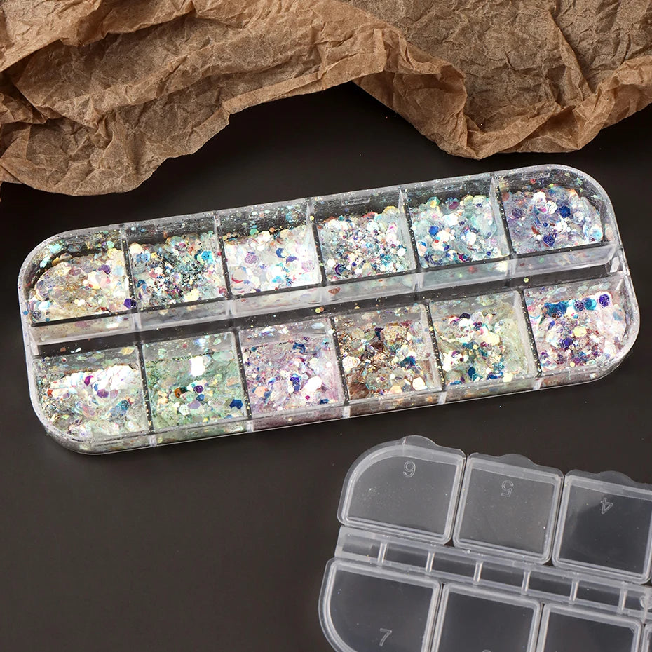 12 Grids Shimmery Mermaid Hexagon Nail Art Glitter Sequins Holographic Mirror Nail Powder Flakes Nail Charms Decoration Manicure Beauty World Shop