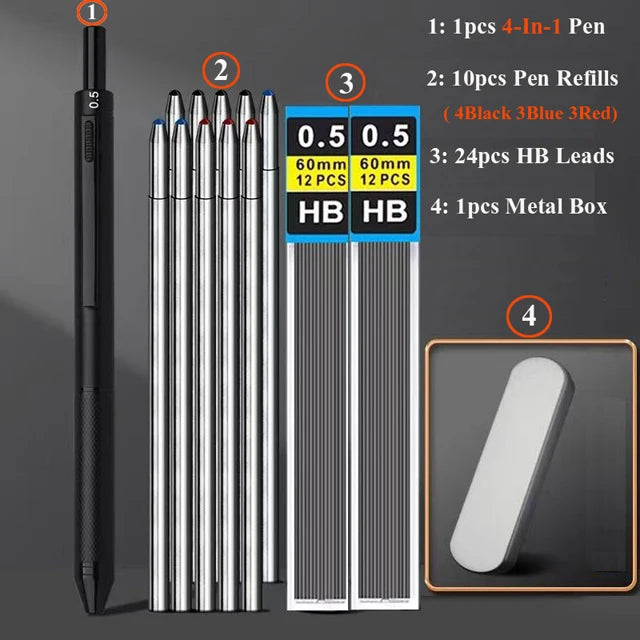 Multifunctional 4-color-in-one gravity-sensing pen metal ballpoint pen/Mechanical Pencil,Black/Red/Blue Ink Oil Signing canetas Beauty World Shop