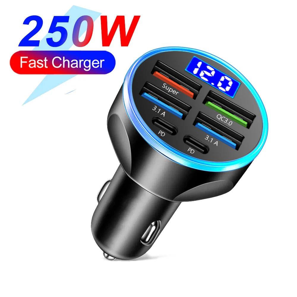66-250W PD Car Charger QC3.0 Fast Charge One to Six Car Cigarette Lighter Plug Car Charger Flash Charge with Digital Display Beauty World Shop