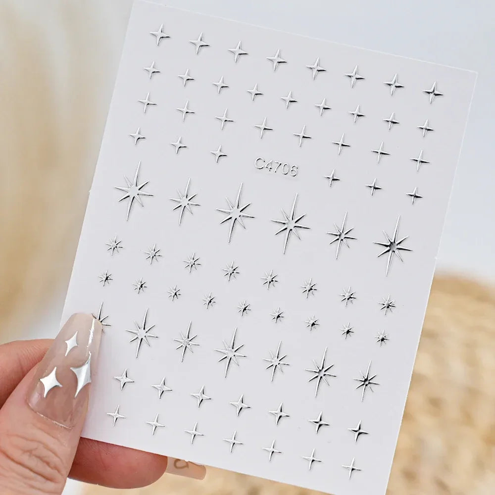 6 Sheets Metal Silver Nail Stickers Metallic 3D Star Nail Art Stickers Decals Self-Adhesive Nail Art Stickers Metal Chain Heart Beauty World Shop