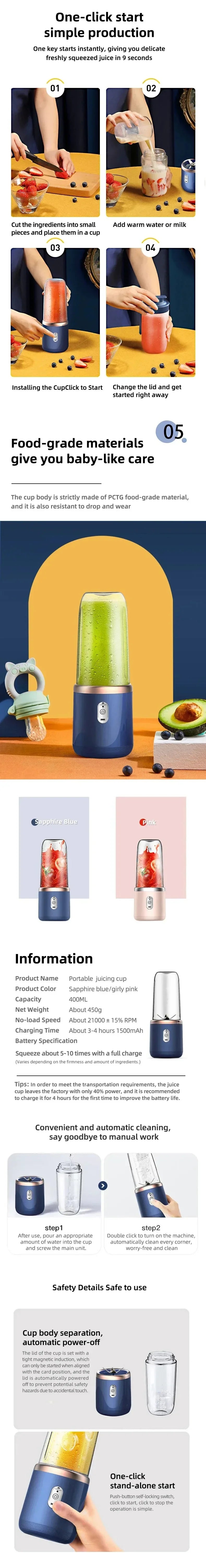 NEW HOT 400ml Portable USB Blender Electric Travel Juicer Cup For Smoothie Milkshake Kitchen Mini Mixer Tool Beauty World Shop