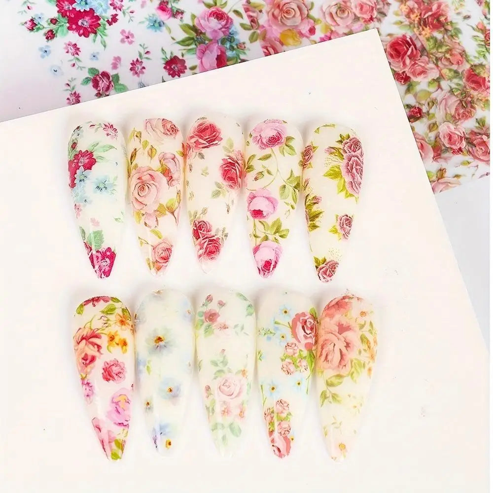 10PCS Mixed Nail Art Foils Transfer Sticker Set Rose Flower Designs Floral Starry Sky Nail Wraps Wedding Summer Manicure Decor Beauty World Shop