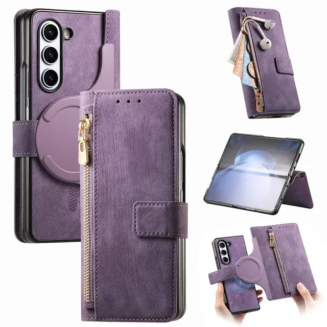 2 in 1 Magnetic Zipper Cards Solt Wallet Leather Case For Samsung Galaxy Z Fold 8 ultra 7 6 5 Wireless Charging Bag Purse Cover Beauty World Shop