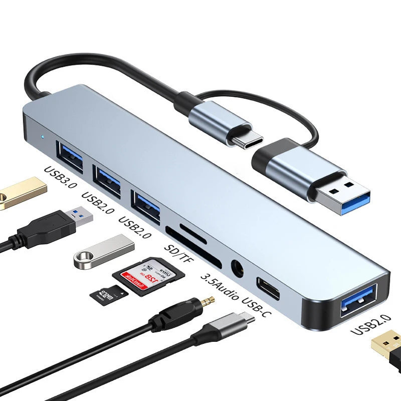 8 in 2 USB +Type C HUB Docking Station with 3.5mm Audio Jack Adapter Micro SD Card Reader Laptop Tablet Phone Disk Converter Beauty World Shop