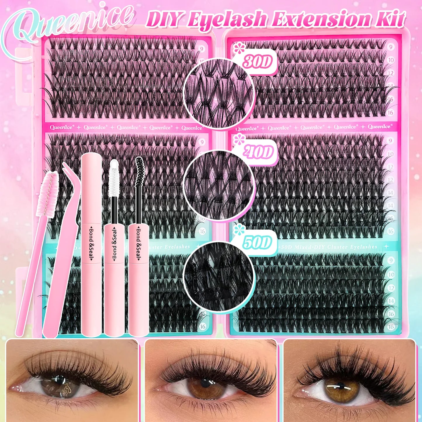 DIY Lash Extension Kit Clusters Individual Eyelashes Kit 9-16mm with Bond and Seal Wispy Natural Mange Lashes Beauty World Shop