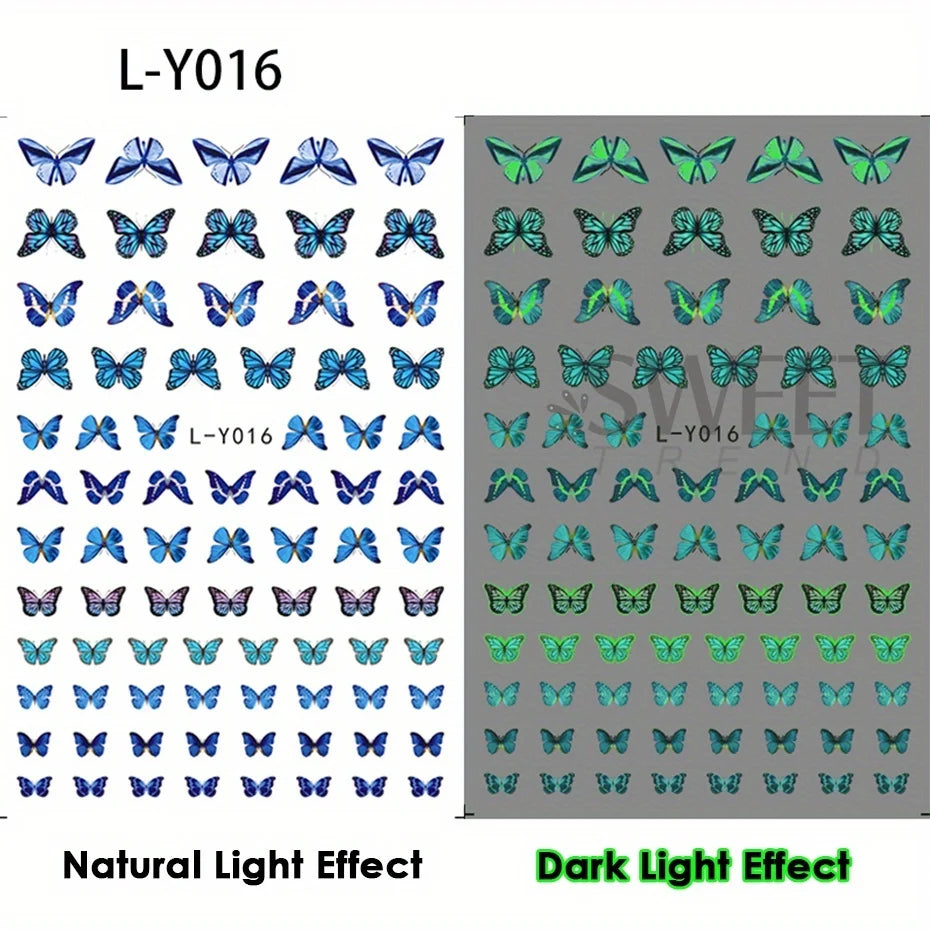 3pcs Luminous Butterfly Nail Decal Stickers Colorful Blue Butterfly Series Design Glow In The Dark Night Polish Sliders Manicure Beauty World Shop
