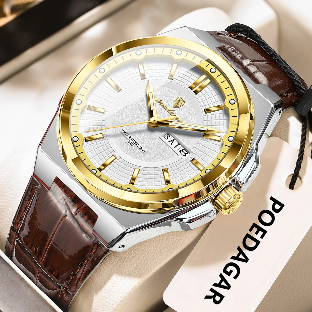 POEDAGAR Fashion Brand Man Wristwatch Waterproof Luminous Date Week Quartz Luxury Men's Watches Leather Business Men Watch Reloj Beauty World Shop