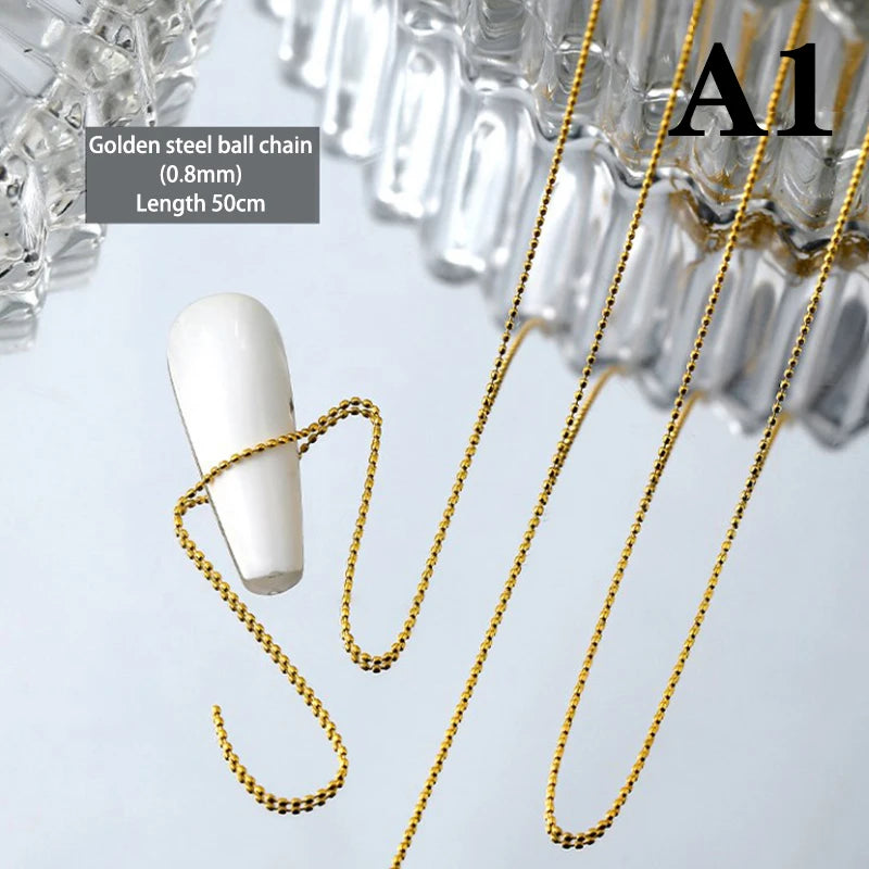 50cm 0.8mm Gold Silver Nail Bead Chain Charm Ellipse Stone Nail Art Decorations Giltter Metal Steel Ball Jewelry Accessory Beauty World Shop