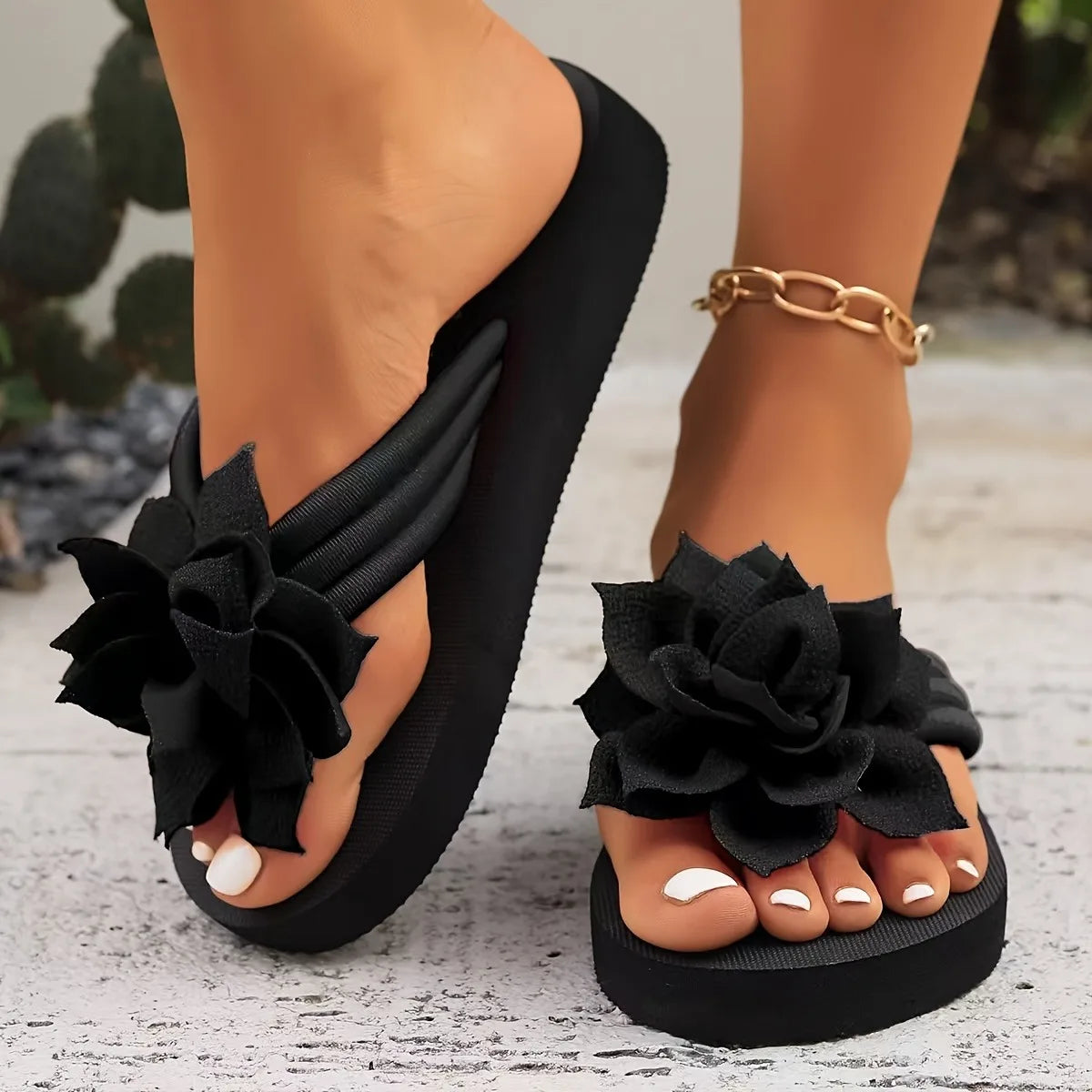 Women's Floral Flip Flops SlipOn Vacation Style Mid Heel Sandals Fabric Upper EVA Sole Insole Solid Color Summer Casual Footwear Beauty World Shop