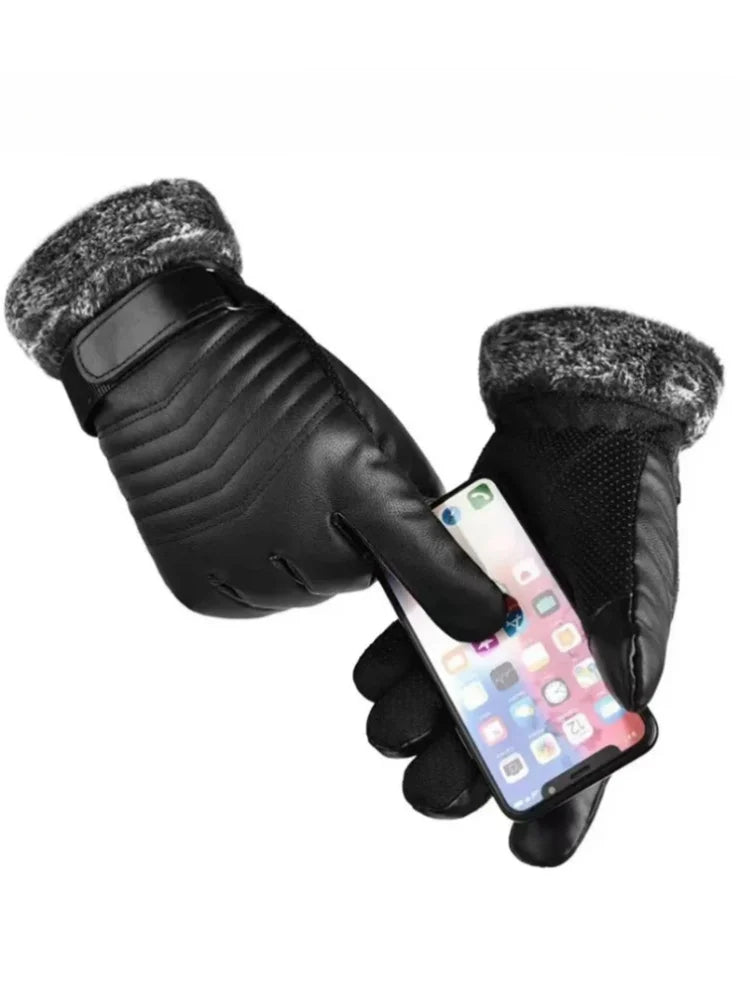 Gloves Winter MEN'S Fur Mouth Plush Insulation Gloves Outdoor Cycling Motorcycle PU Touch Screen Cotton Gloves Beauty World Shop