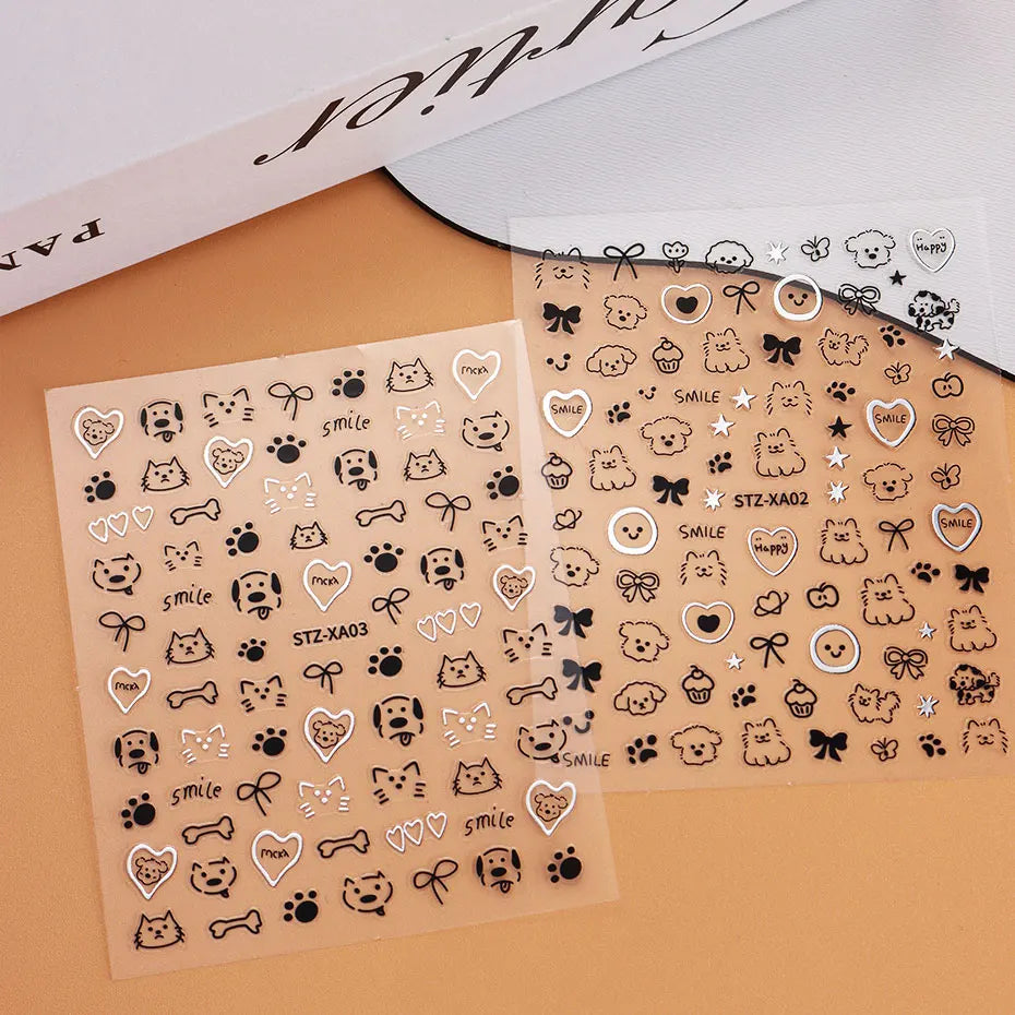 2pcs 3D Cute Silver Smile Dog Decals Y2K Cartoon Cat Footprint Nail Stickers Graffiti Star Heart Bowknot Manicure Slider Decor Beauty World Shop