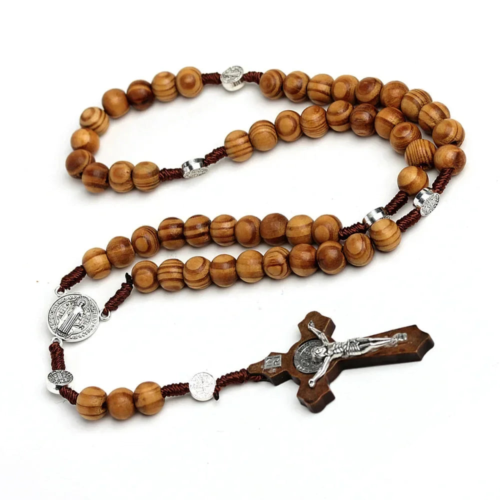 Catholic Wood Beaded Rosary Necklaces For Women Christian INRI Crucifix Cross Pendant Long Chain Men Religion Prayer Jewelry Beauty Trend Shop